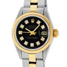 Rolex Ladies Quickset Two Tone Black Diamond Datejust With Oyster Band