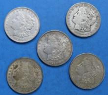 Lot of 5 Silver Morgan Dollar Coins 1921
