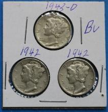 Lot of 3 Silver Mercury Dimes 1942-1943