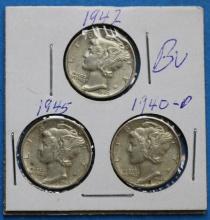 Lot of 3 Silver Mercury Dimes 1940-1945