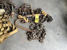 LOT OF ASSORTED TOWING & RIGGING CHAINS, J-HOOKS, CHAIN BINDER