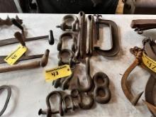LOT: ASSORTED CLEVISES, CHAIN HOOKS, COTTER PINS, C-CLAMP