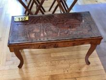 MID-CENTURY CARVED WOODEN WATER BUFFALO GLASS TOP TABLE, 32" X 15.5"