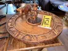 MID-CENTURY CARVED WOODEN WATER BUFFALO LAZY-SUSAN, 18" DIAMETER