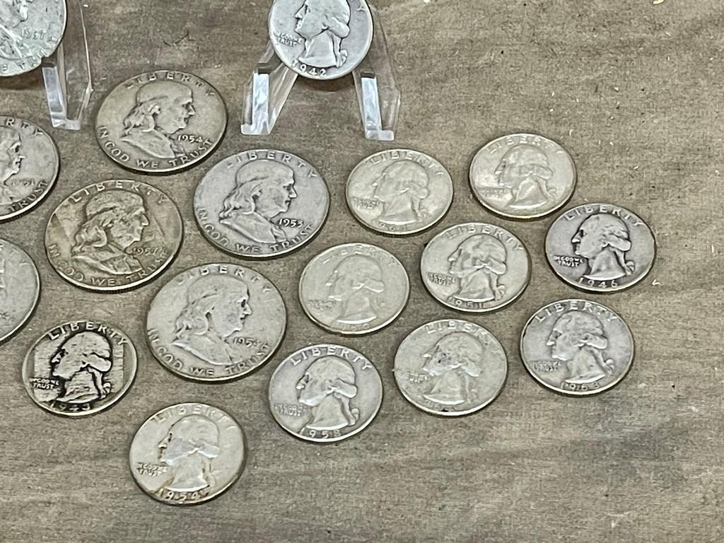 Collection of Nine Silver Half Dollars and Eleven Silver Quarters