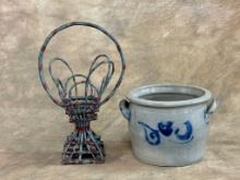 Cobalt Blue Decorated Salt Glaze Jar & Painted Twig Basket