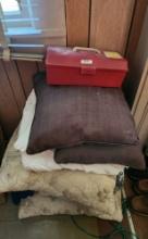 Assorted Pillows, Blankets, & Tackle Box