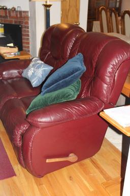 Matching Burgundy Leather Reclining Loveseat and Recliner Chair