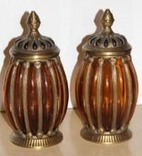 Pair of Orange Glass and Brass Baroque-Style Jars with Lids
