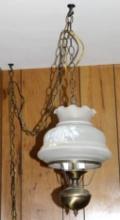 Brass with White Glass Globe Hanging Electric Lamp