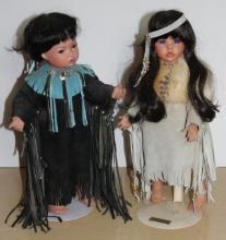 Two Artist-Made Porcelain Native American Children Dolls on Stands