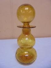 Vintage Amber Crackle Art Glass Bottle w/ Stopper