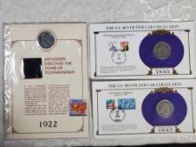 3 US Silver Dollars on Info Display Cards - Morgan 1885-O and 1887-O, and Peace 1922-D